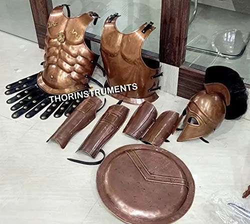 Vista 3 de Armadura medieval casco griego corintio con chaqueta muscular piernas protector de brazos disfraz de decoración de Halloween