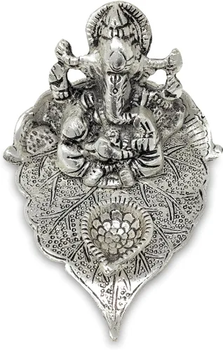 Vista 2 de NOBILITY Ganesha de plata alemana en hoja estatua Ganesh ídolo con Diya para oficina en casa, Pooja Puja Diwali, artículos decorativos de regalo