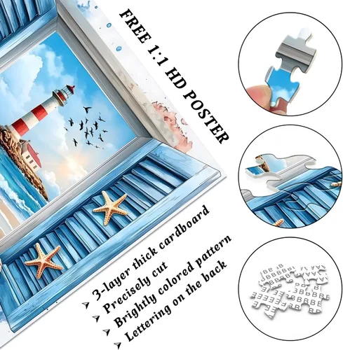Vista 3 de PICKFORU Rompecabezas de playa para adultos de 1000 piezas, rompecabezas de faro con arte de ventana 3D y conchas marinas, rompecabezas únicos
