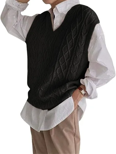 Vista 4 de Women's V Neck Sweater Vest Oversized Sleeveless Loose Knit Tops Cable Sleeveless Sweater