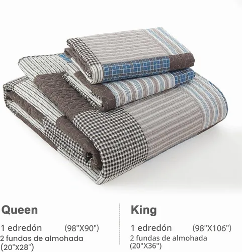 Vista 6 de Finlonte Edredones Tamaño Queen - Juego de Edredón Queen de Algodón 100% a Cuadros, Juego de Ropa de Cama de Granja Moderna, Colcha Reversible Azul