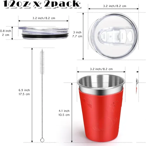 Vista 2 de ShineMe Vasos de acero inoxidable para niños, paquete de 2 tazas para niños con tapas y bonitas mangas de personajes espaciales, vasos antiderrames