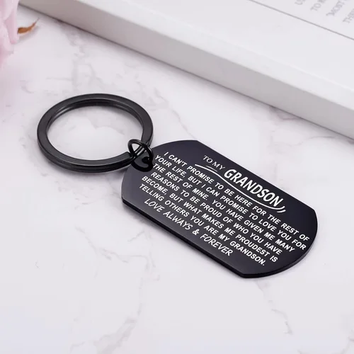 Vista 3 de Llavero con texto en inglés To My Grandson para regalo para nieto de abuela, abuelo, etiqueta de perro, para cumpleaños, graduación, Navidad