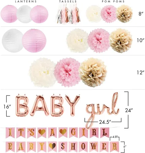 Vista 4 de Sweet Baby Co. Juego de decoración para Baby Shower, cartel con texto en inglés "It's a Girl", globos de letras (baby girl), pompones de flores