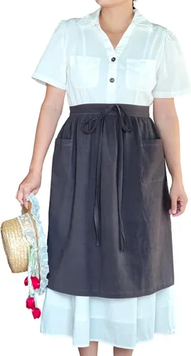 Vista 8 de Delantales de chef unisex blanco retro algodón criada corto 2 bolsillos cintura camarera mitad delantal Bordado azul
