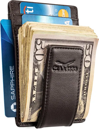 Vista 62 de Billetera de cuero con clip para dinero, bolsillo frontal delgado, bloqueo RFID con imán súper fuerte