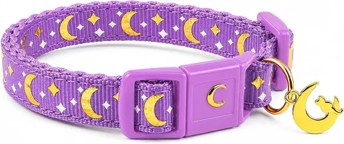 Vista 12 de waaag - Collar de seguridad para gato, con diseño de lunas y estrellas doradas, brilla en la oscuridad