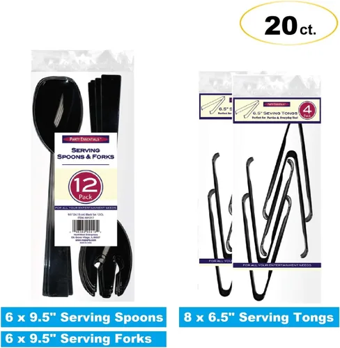Vista 2 de Party Essentials Kit de utensilios de plástico para servir bufé, cucharas, tenedores, pinzas, 20 piezas, color negro