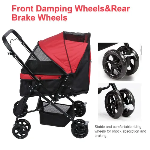 Vista 6 de Cochecito para perros con cuatro ruedas, carrito plegable para mascotas para perros pequeños y medianos y gatos con cubierta climática y cesta
