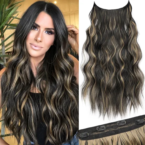 Vista 35 de KooKaStyle - Extensiones de cabello con hilo invisible, diadema transparente, ajustables, 4 clips fijadores, cabello largo y ondulado de 12