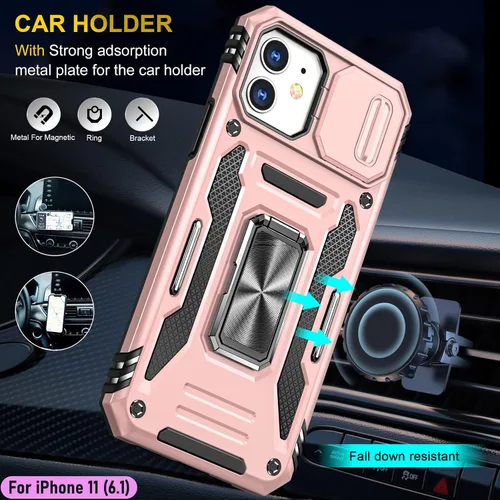 Vista 8 de Funda resistente para Apple iPhone 11, protección híbrida de goma de doble capa de grado militar con protector de cámara deslizante, soporte Oro Rosa