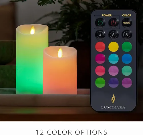 Vista 2 de Luminara Vela LED sin llama que cambia de color de 3 x 4.5 pulgadas, llama móvil de cera real, funciona con pilas con control remoto de 18 botones