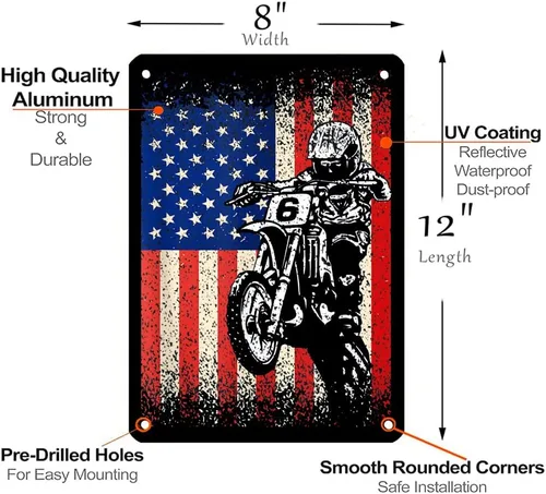 Vista 2 de Letrero de metal con la bandera estadounidense de motocross, motocross, motociclista, para hogar, oficina, restaurantes, cafeterías, bares, pub