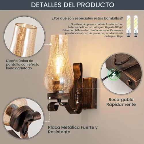 Vista 5 de Apliques de pared vintage de granja, lámparas de pared a pilas, luces de pared recargables, vidrio agrietado de hielo, rústico, sin cableado, juego