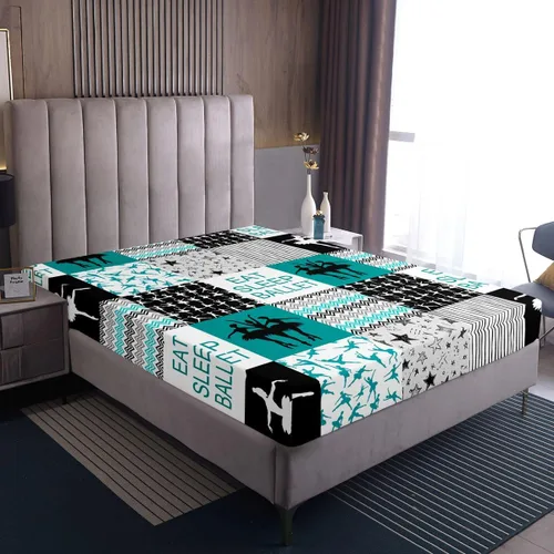 Vista 5 de Sábana bajera ajustable de ballet para niñas, juego de ropa de cama de ballet para danza de ballet, sábanas de cama con rayas geométricas onduladas