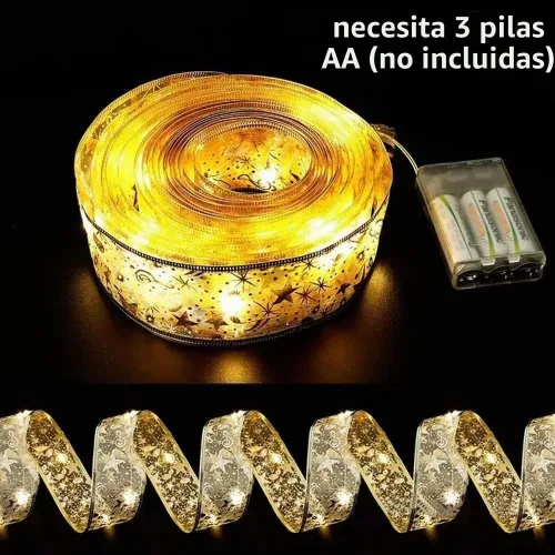 Vista 3 de Hongsome - Luces de cinta para decoración de árbol de Navidad, 32 pies con 100 luces LED, cinta dorada con borde de alambre, luces de hadas