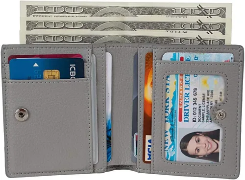 Vista 2 de Cartera de piel RFID pequeña compacta con bolsillo plegable para tarjetas, organizador de bolsillo para mujer, mini monedero con ventana