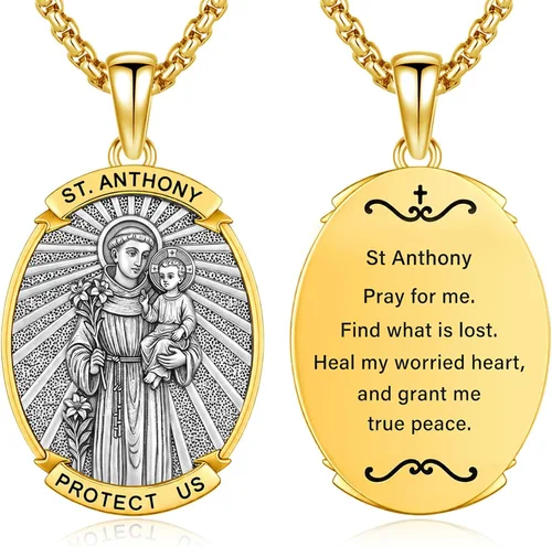 Vista 10 de Collar con colgante de amuleto de medalla de San de plata 10A-St Michael Oval