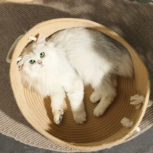 Vista 6 de Cama de algodón tejida para gatos con cuerda de algodón para perros pequeños y gatos, cesta de nido para dormir, hecha a mano, cuna natural