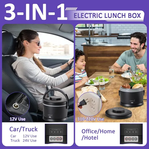 Vista 3 de Lonchera eléctrica para adultos de 40 oz, calentador de alimentos portátil 12V/24V/110V/220V, lonchera con calefacción para trabajo, oficina, Negro