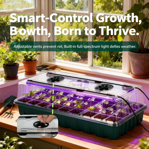 Vista 2 de Bandeja para inicio de semillas con luz de crecimiento, paquete de 2, kit de germinación de semillas de 72 celdas con cúpula de humedad, bandejas