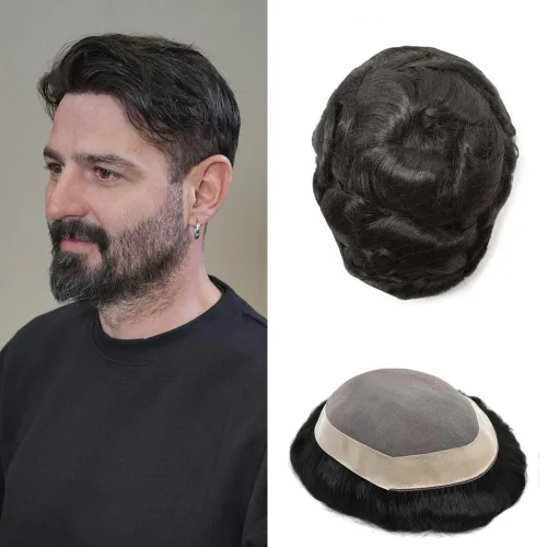 Vista 116 de Mens Toupee Hair Piece Real Human Hair Fine Mono Toupee para hombres Sistema de reemplazo de cabello para hombre Postizo Protesis Capilar Para