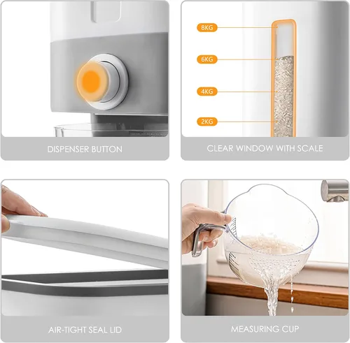 Vista 7 de Proarea Rice Dispenser 25 Lbs, Airtight Grain Rice Storage Container with Measuring Cup, One-Touch Dry Food Dispenser for Kitchen Pantry, Clear
