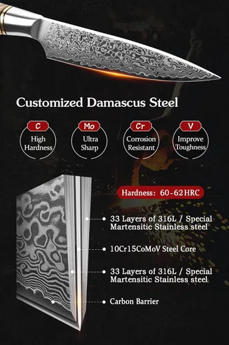 Vista 3 de HEZHEN Cuchillo utilitario de 5 pulgadas con filo de navaja - Acero de Damasco con patrón de rosa multifuncional VG10 cuchillo profesional