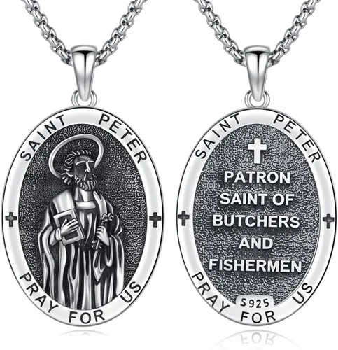 Vista 84 de Collar de amuleto de medalla de San Patrono de plata/oro de 14 39A-St Peregrino-Plata