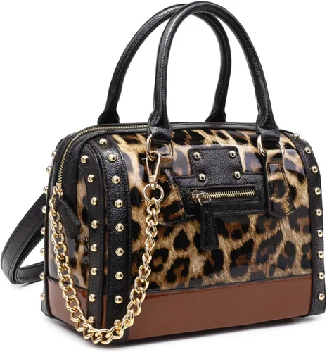 Vista 8 de Dasein Bolso Barrel para Mujer de Cuero Sintético de Charol Brillante con Decoración de Remaches Asa Superior Cartera Bolso de Hombro Azul más grande