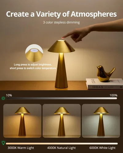 Vista 4 de Bojim Lámpara de mesa inalámbrica recargable, luces LED de mesa inalámbricas, funciona con pilas, táctil para 3 colores regulables, impermeable IP54