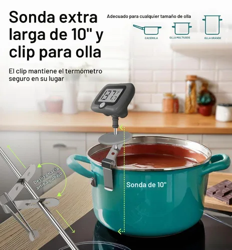 Vista 4 de Termómetro digital de dulces con clip para olla, sonda de acero inoxidable de 10 pulgadas de largo, termómetro de cocina de lectura instantánea