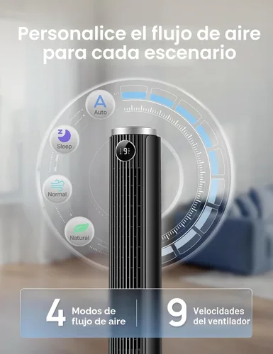 Vista 6 de DREO Ventilador de torre inteligente para dormitorio, altura ajustable de 40 a 45 pulgadas, velocidad de 28 pies/s, motor de CC, 9 velocidades, 4
