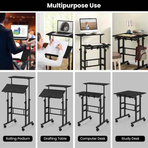 Vista 6 de Tangkula Escritorio de pie móvil, escritorio portátil con ruedas Height-adjustable Standing Table w/Tilting Tabletop, Laptop Workstation w/Hanging