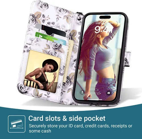 Vista 2 de ULAK Funda tipo cartera compatible con iPhone 15 Pro con tarjetero y diseño de flores, para mujeres y niñas, piel sintética, con función atril