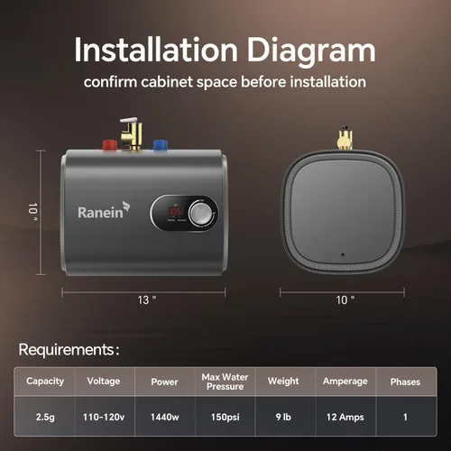 Vista 2 de Ranein Mini calentador de agua eléctrico de 2.5 galones, 120 V, agua caliente instantánea para punto de uso, fácil instalación, diseño compacto