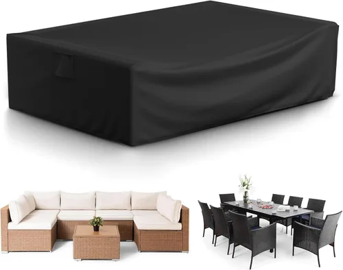 Vista 13 de Funda para mesa de patio, impermeable, rectangular, resistente 500D, protección para todo tipo de clima, para muebles de exterior, 90 pulgadas