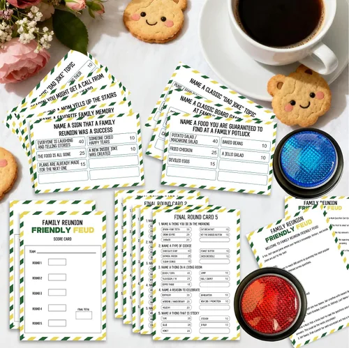 Vista 3 de Juego de Cartas Feud Familiar con 2 Timbres de Respuesta, Diversión de Noche de Juegos de Reunión Familiar Trivia para Fiestas de Reuniones