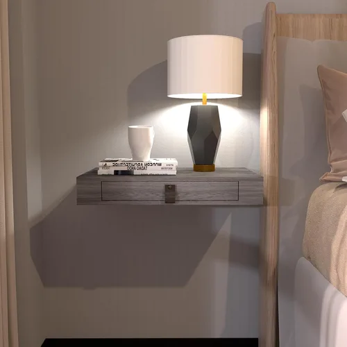 Vista 10 de Juego de 2 estantes flotantes con cajón, mesita de noche para dormitorio, baño o cocina, estante de pared de 16 pies con almacenamiento, color gris
