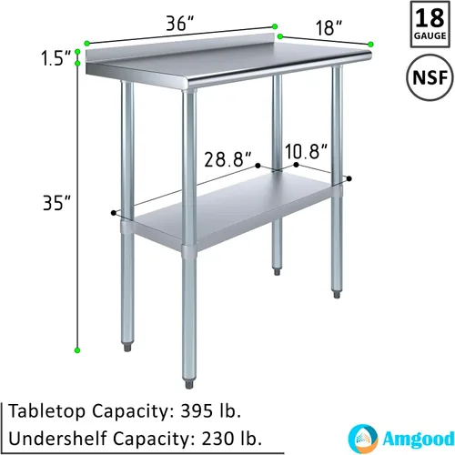 Vista 3 de AmGood Mesa de trabajo de acero inoxidable de 18 x 36 pulgadas con protector contra salpicaduras de 1.5 pulgadas Mesa de preparación de alimentos