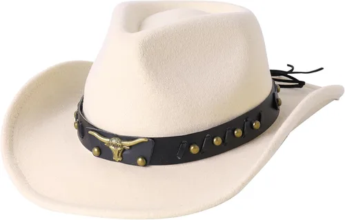 Vista 2 de Jastore Sombrero de vaquero occidental para niños y niñas, clásico vaquero con cinturón de hebilla Beige