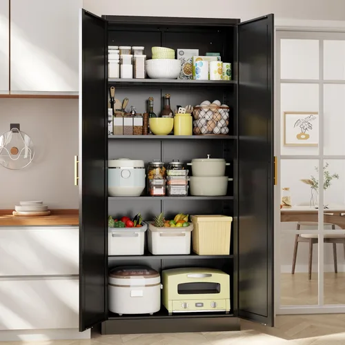 Vista 9 de BESFUR Armario de almacenamiento de metal de 36 pulgadas de alto, gabinete de metal negro con 2 puertas con cerradura y 2 estantes ajustables