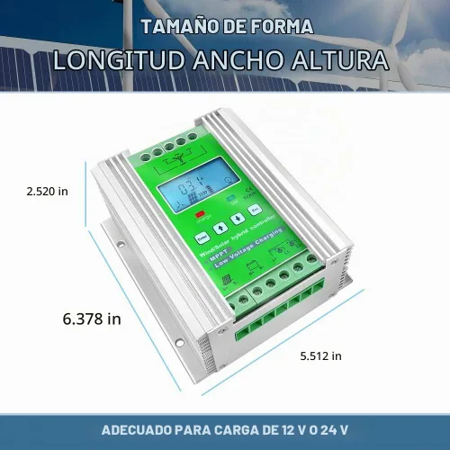 Vista 7 de Controlador de carga híbrido solar eólico de 1000 W, regulador de carga MPPT de 12 V/24 V, regulador de carga con pantalla LCD y carga de descarga