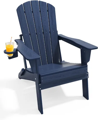 Vista 21 de Juego de sillas plegables Adirondack de 3 piezas, respaldo extra alto de 38 pulgadas y grano de madera en relieve, muebles de patio de polietileno