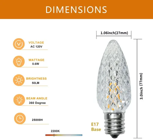 Vista 7 de Paquete de 50 bombillas LED C9 de Navidad, bombilla LED de repuesto C9 para cadena de luces al aire libre, bombilla LED C9 inastillable con base
