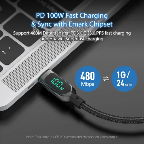 Vista 4 de SOOPII cable USB C de 100 W 0,30 mt, cable USB C a USB C de carga rápida, cable trenzado de nailon con pantalla LED para lPhone 16/15 Pro/15 Plus/15