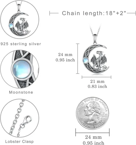 Vista 4 de CVRAVO DragonFairy Necklace 925 Sterling Silver Moonstone Crescent Moon Necklace Birthday Gifts for Women Girls