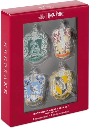 Vista 3 de Adornos navideños de Hallmark Keepsake, escudo de la casa de Hogwarts de Harry Potter, metal, juego de 4, regalos para fanáticos de Harry Potter