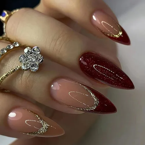 Vista 11 de Uñas postizas cortas francesas en forma de almendra con diseño de línea dorada y estampado de leopardo, uñas artificiales acrílicas de cobertura