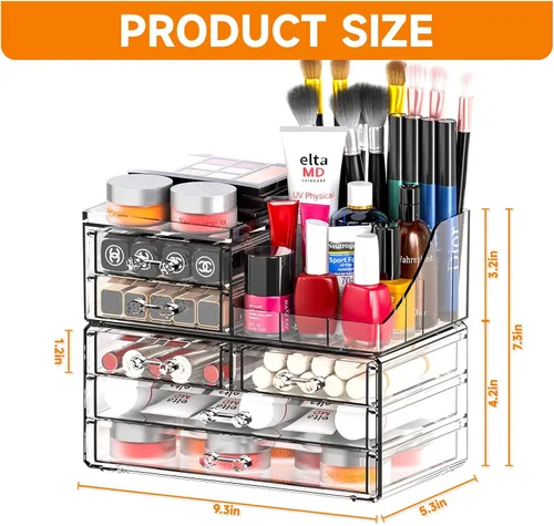Vista 3 de Cq acrylic Organizadores de maquillaje para tocador con 6 cajones, paquete de 2 organizadores de cajones transparentes, bonitos accesorios